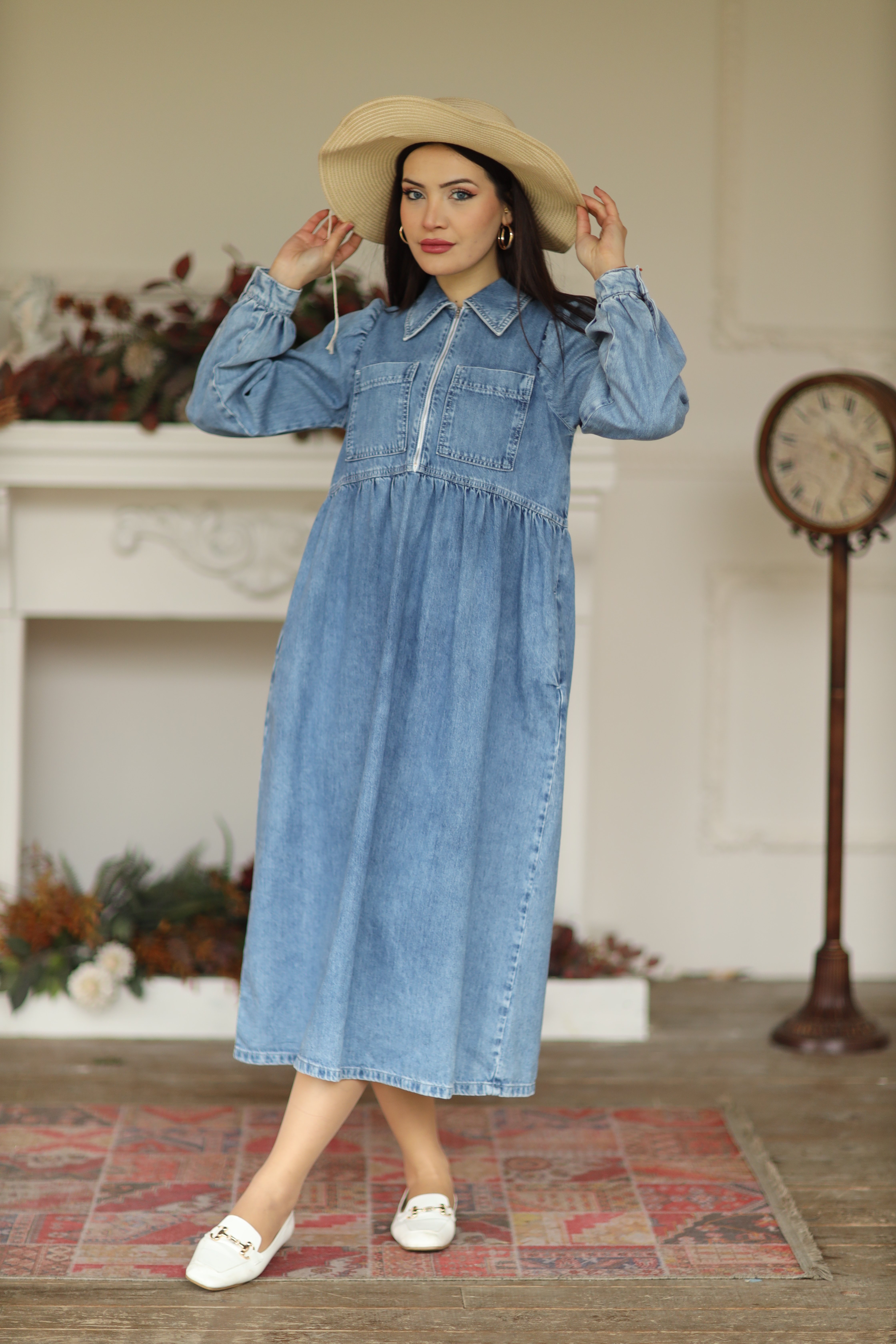 Fermuar Ve Cepli Denim Midi Elbise