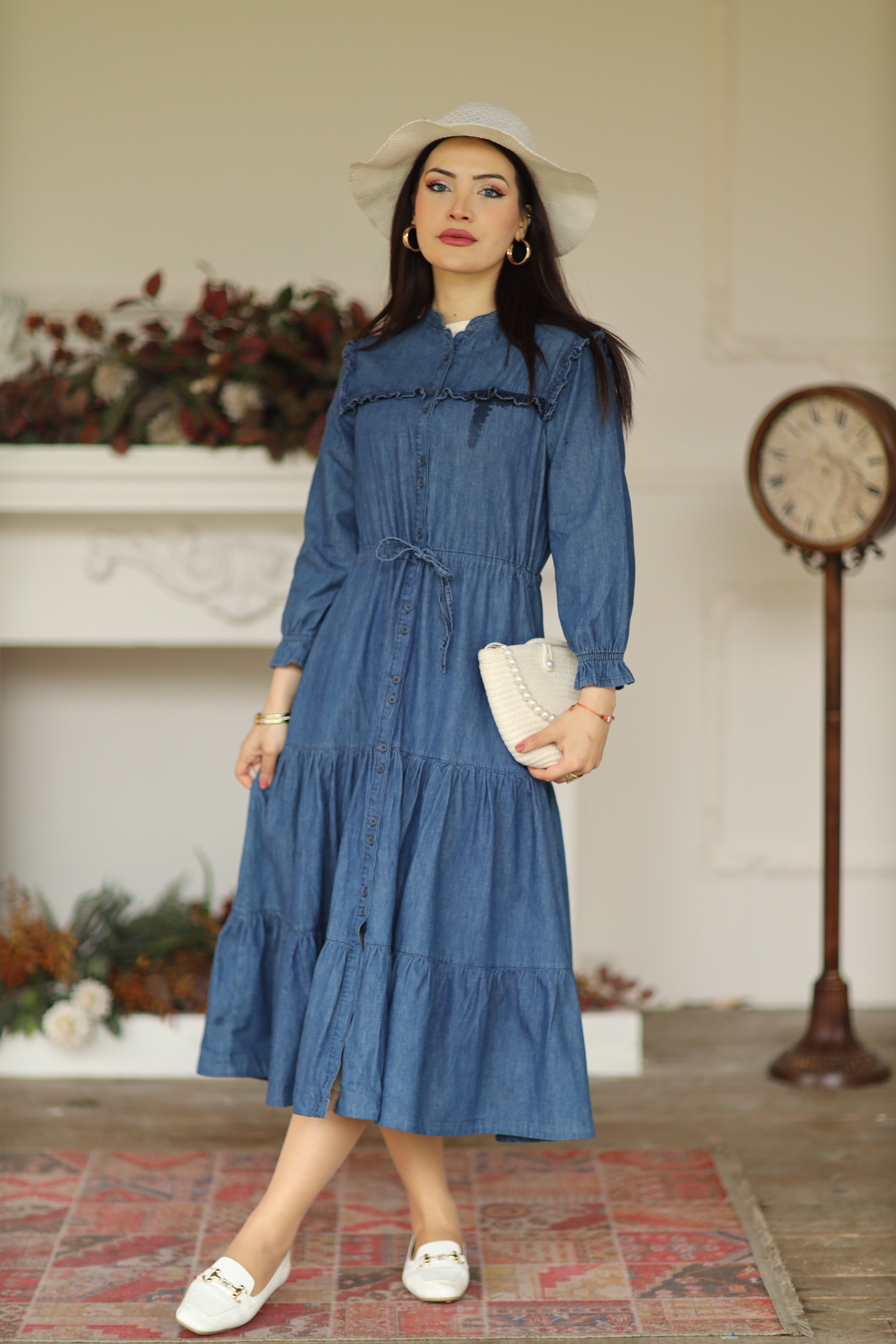 Düğmeli Denim Midi Elbise