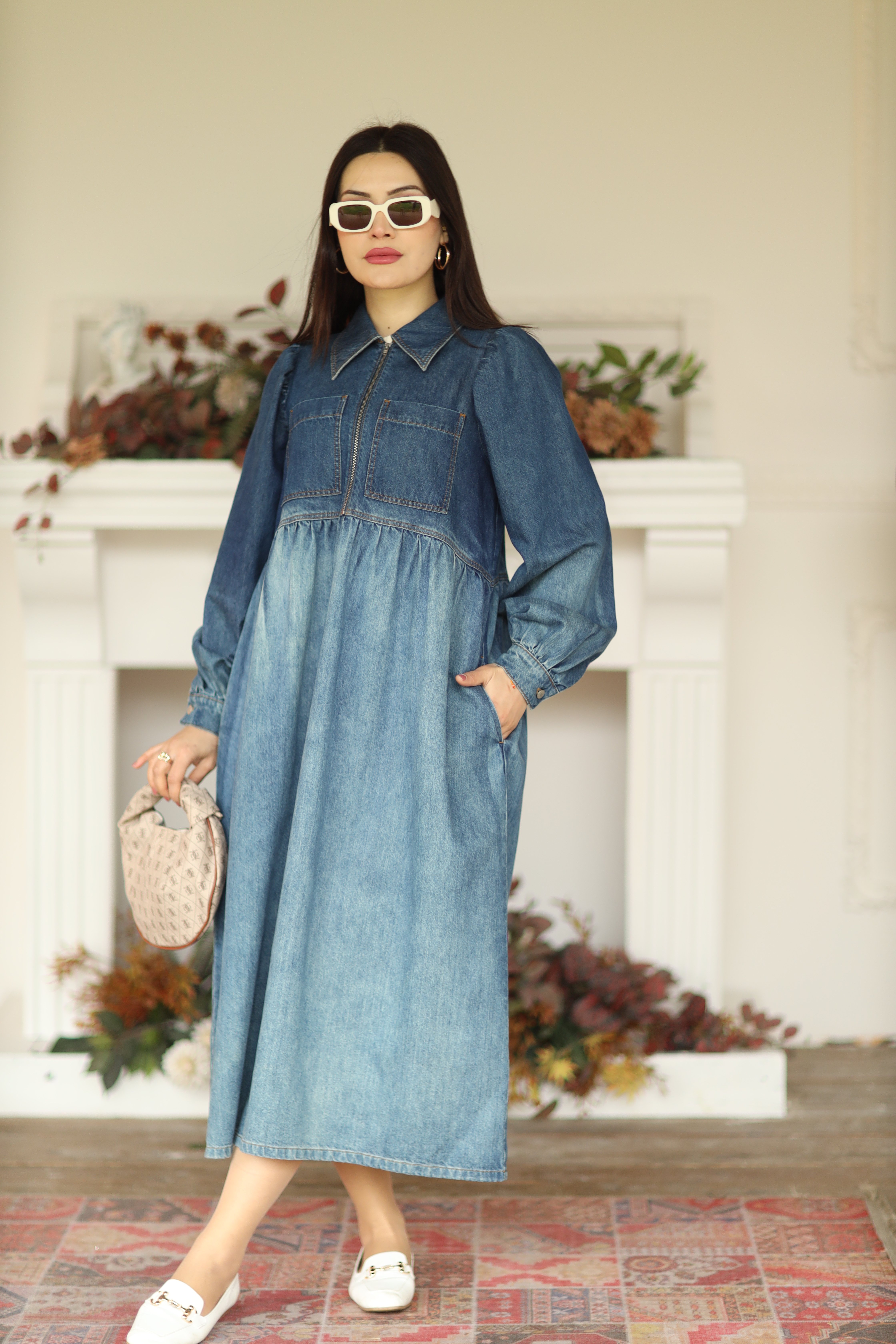 Fermuarlı Ve Cepli Denim Faded Midi Elbise